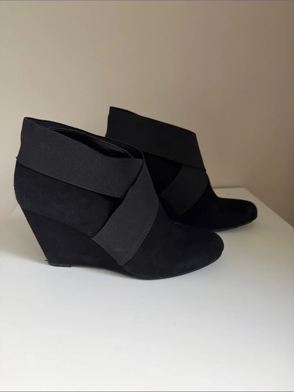 BCBG Black Suede Wedge Ankle Booties Elastic Crossover Strap Booties⁠